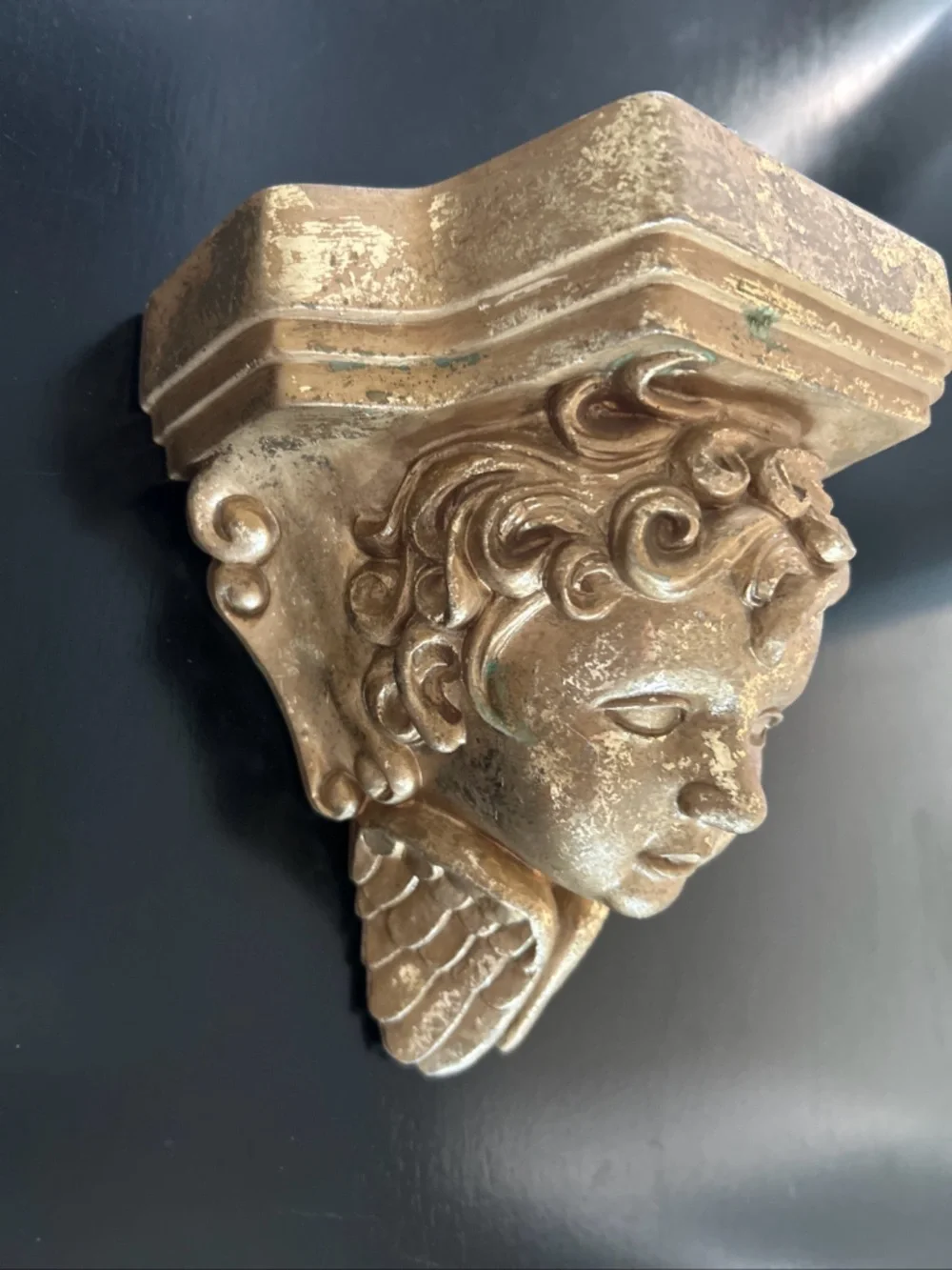 Vintage Painted Gold Plaster Cherub Angel Face Sconce Wall Shelf Victorian Style